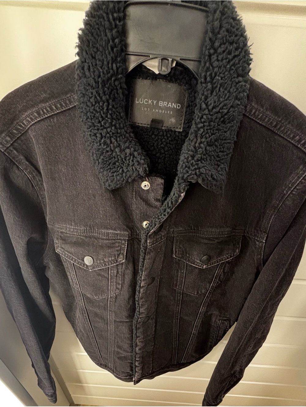Lucky Brand Black Sherpa-Lined Denim Bomber Jacket